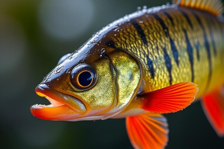 Nahaufnahme eines farbenprächtigen Flussbarsches, lebendig und frisch gefangen