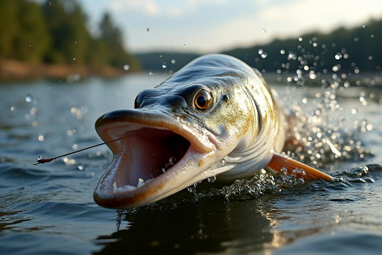 Ein kapitaler Hecht, der gerade angebissen hat, in einem See bei Madrid